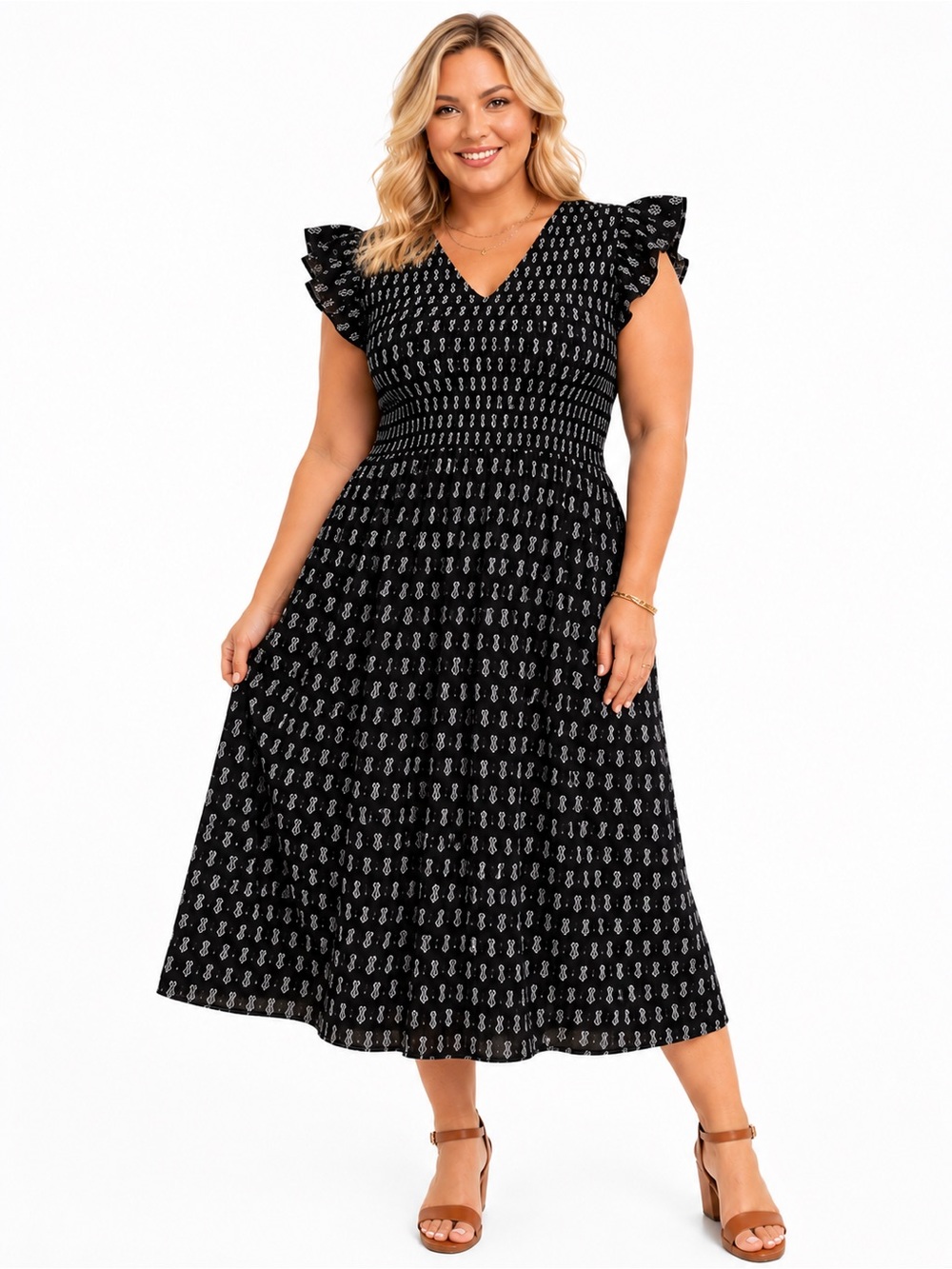 LÉA Black White  Smocked Cotton Midi Dress Plus Size 2X